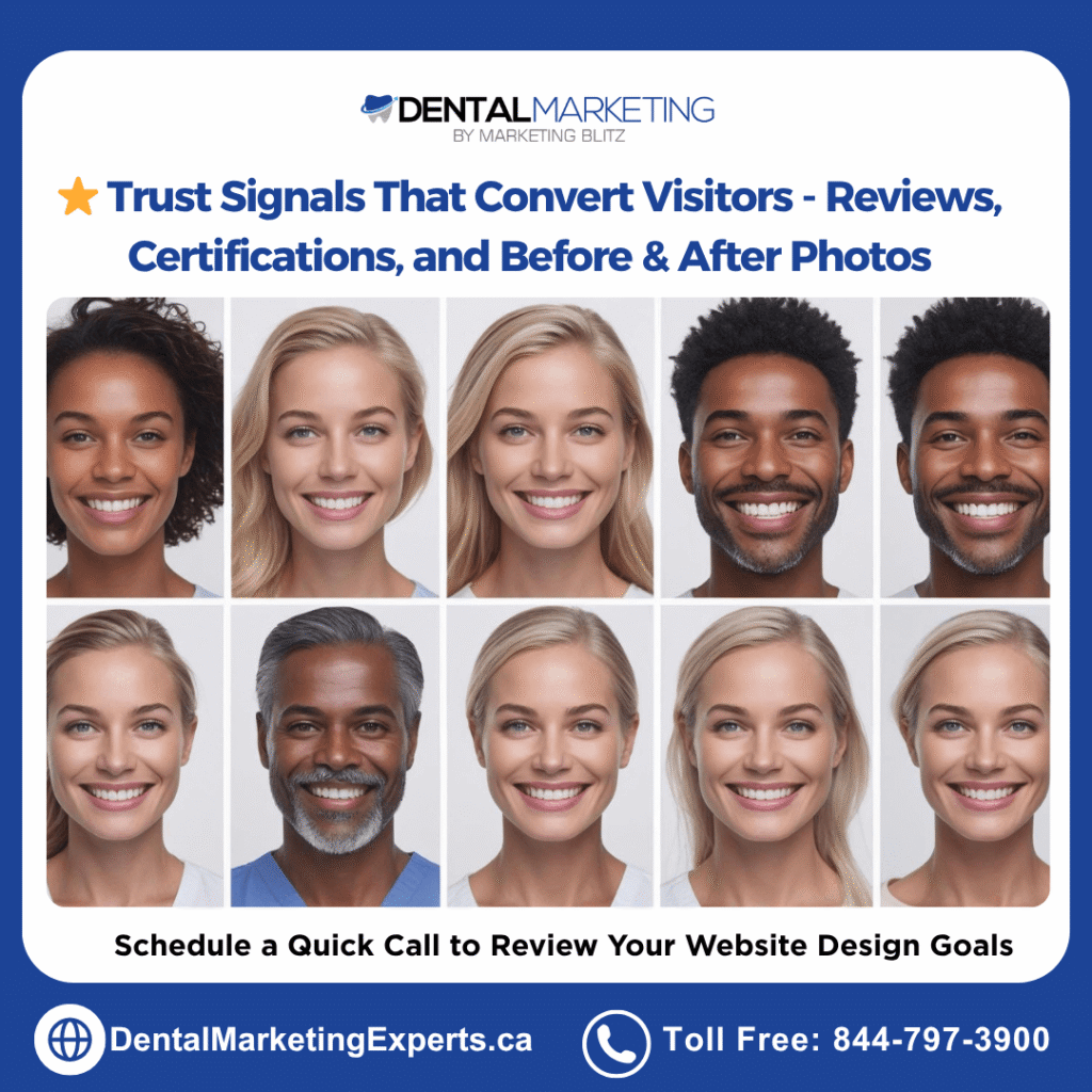 dental web design -Trust Signals That Convert Visitors - Reviews, dental web design - Certifications, and Before & After Photos